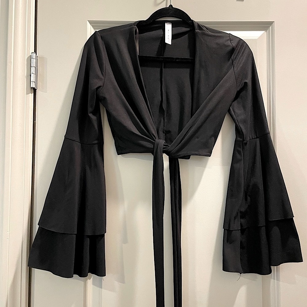 Black Flared Long Sleeve Cross Body Cropped Shirt